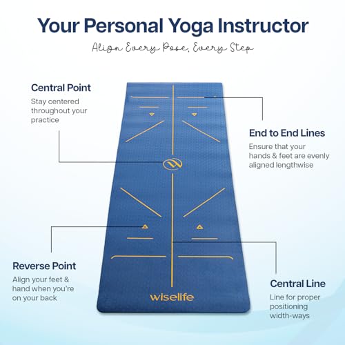 WiseLife TRU Alignment Yoga Mat + Sleek Yoga Strap for Men and Women (ProBalance TPE Material 6mm Extra Thick Extra Long Extra Wide) (Midnight Blue)