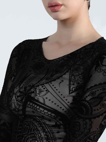 Image of ICW Women Long-Sleeves Round Neck Net Printed Transparent Mesh Sheer Crop Top T-Shirt DN38(Mix Print)