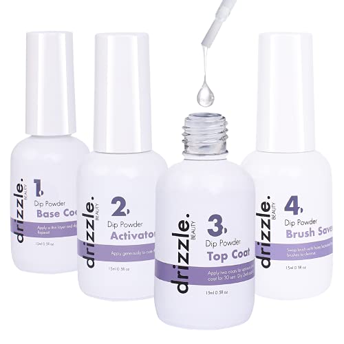 Drizzle Dip Powder Liquid Set - Dip Powder Activator Base Coat Top Coat and Dipping Powder Brush Saver, 4PCS 0.5oz for Dip Powder Nail Kit, Dip Powder Liquid for Starter, Nail Manicure Kit.