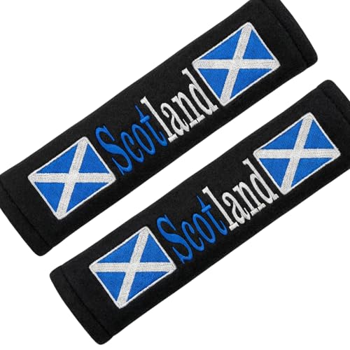 Image of DoggiesWorld Scotland Embroidered Seatbelt Strap Covers Pair – Multi-Purpose Seatbelt, Luggage & Backpack Soft Comfort Pads – Scottish Flag Travel Accessory