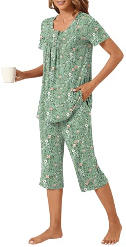 Image of Womens Summer Pajama Sets 2 Piece Short Sleeve Top and Capri Pants Plus Size Ladies Lounge Pjs Sets with Pockets