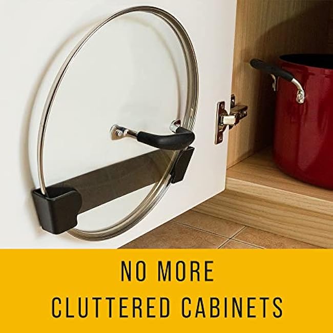 Maplefield Pot Lid Organizer for Kitchen Cabinets & Doors - Pack of 2 (6 & 9) Black - Stick-On Clips with Adjustable Pan Lid Storage Rack - No Tools Installation
