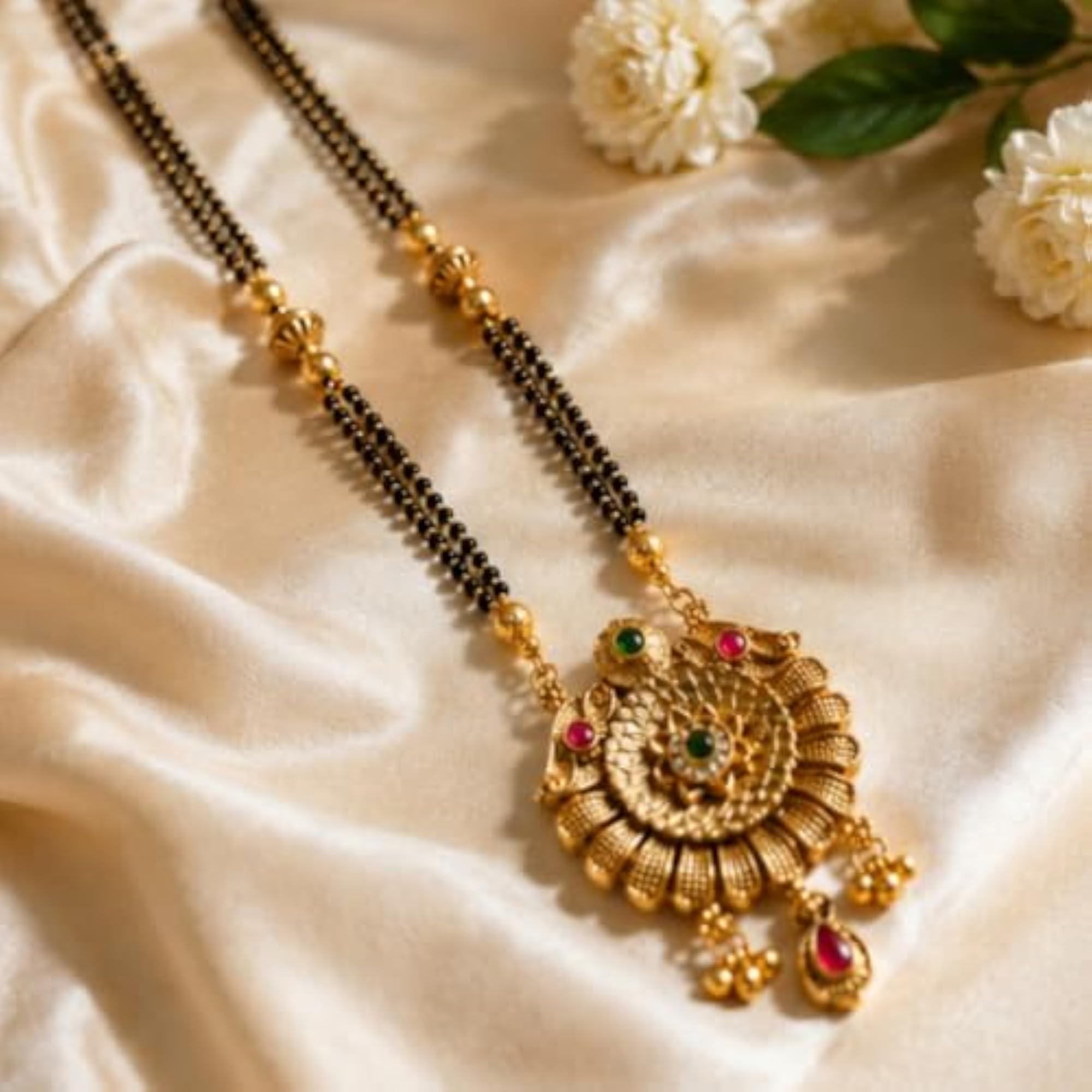 Women's Traditional Gold Tone Mangalsutra Necklace with Floral Pendant