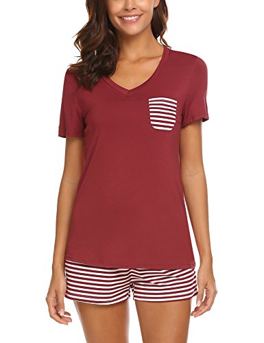 Hotouch Womens christmas xmas Pajama Set Soft Comfy 2 Piece Short Sleepwear Loungewear dark Red S