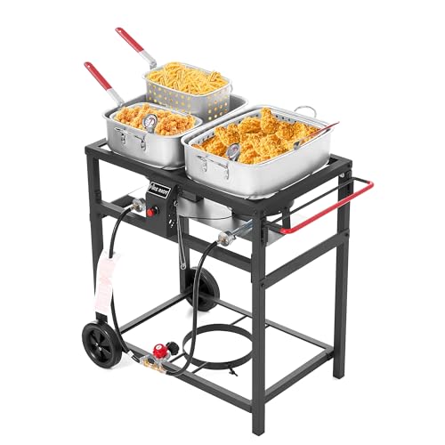 Fire Riot Deep Fryer with Double Burner Propane Stove Outdoor, 2×18QT Aluminum Pots & Frying Baskets, 100,000 BTU High-Power, Fish Fryer for Wings, Fries, Cajun Fry