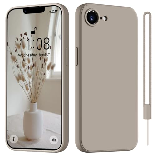 Coque anti-rayures iPhone 17e en silicone gris avec cordon amovible