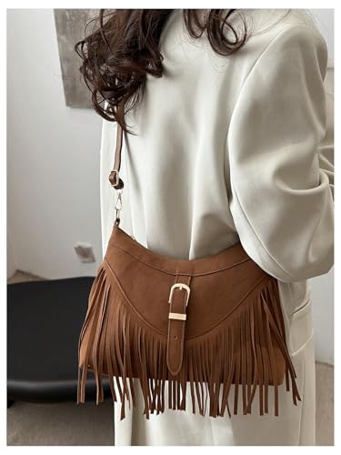 MakeMeChic Women's Faux Suede Crossbody Bag Fringe Adjustable Strap Handbag Purse3