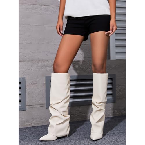 Image of Women's Knee High Boots Fold Over High Heel Pointed Toe Black White Long Boots Women Dress Tall Boots for Women