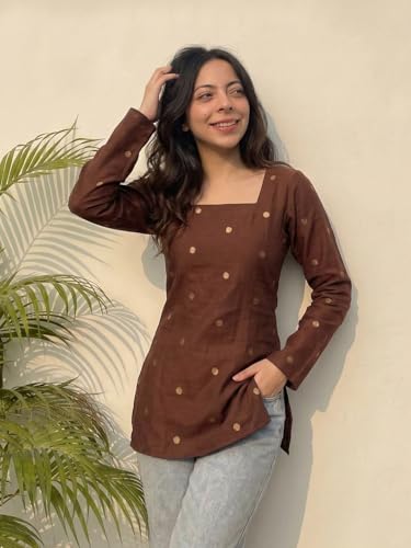 Image of ANNI Designer Women's Viscose Blend Printed Short Kurti | Straight Fit Ethnic Top with Square Neck | Bell Sleeve Indian Kurta for Office College, Party