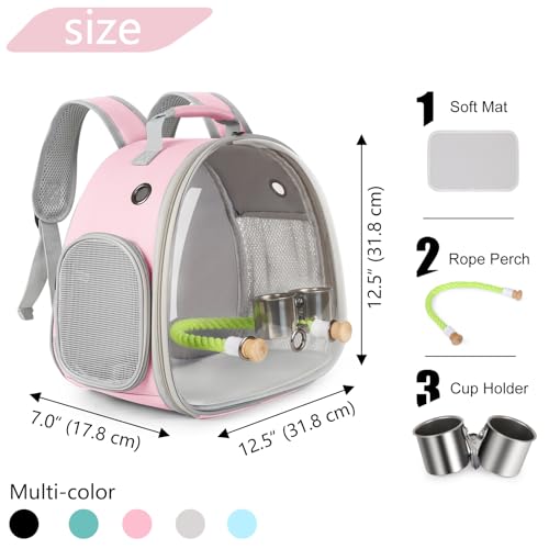 Image of Small Bird Travel Backpack Carrier Cage with Cups, Backpack to Transport Backpack Carrier with Clamp Cups Stand Perch for Parakeet Cockatiel Budgies Vet Carry Book Bag Pink