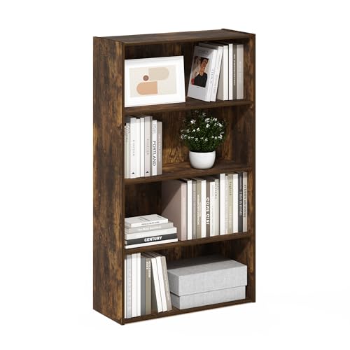 Furinno PASIR Book Shelf, 4-Tier Bookshelf, Bookcase with Open Shelf, 9.4 x 23.6 x 41.7, for Living Room, Bedroom, Home Office, Amber Pine