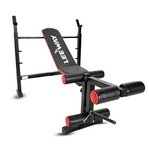 Image of Leeway LF100 Bench Press for Home Gym Setup | Adjustable Gym Bench for Home with Barbell Rack, Incline Decline Flat, Leg Curl Extension, 180 Kg Capacity Table (Black, Bench LF100, 1)