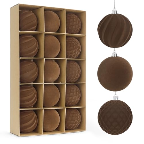 Artmag 15 Pcs Velvet Christmas Balls Hanging Ornaments Set, Shatterproof Plastic Flocked Christmas Tree Balls Xmas Decorations Festival Holiday Party Decor (Brown,3.15 Inch)