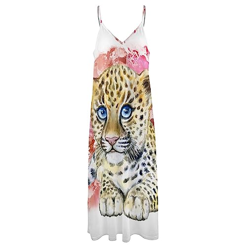 Robe Longue D'été Imprimé Léopard Mignon avec Décolleté V Sans Manches - 3