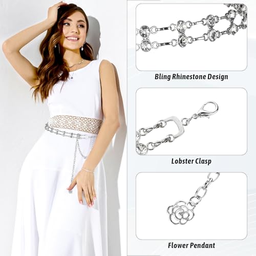 Thinp 2 Pieces Chain Belts for Women Fashion Plus Size Waist Chain Belt Women Rhinestone Chain Belt for Dress Belt Silver Waist Belt Belly Chain Skinny Waist Band for Jeans Concert Outfit(2 Styles)3