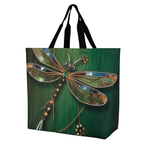 Jewel Dragonfly Beach Bag Reusable Tote Bag Foldable Grocery Bags Women Shopping Bags for Daily Essentials