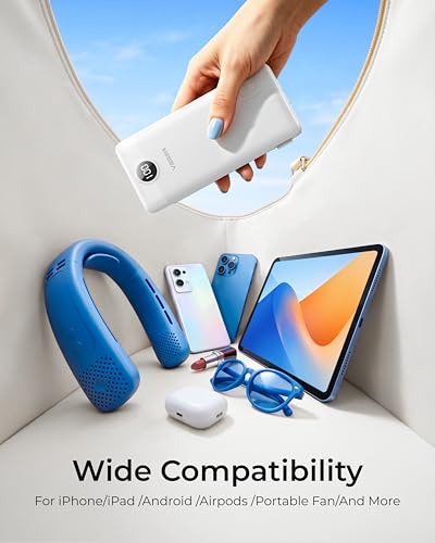 Image of VEGER Portable Charger with Built-in AC Plug and Cables, All in One 10000mAh Ultra Slim Power Bank Travel Essentials, USB C External Battery Pack Compatible with iPhone, Samsung, More, White
