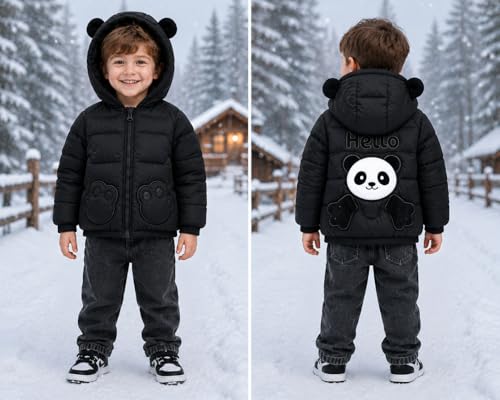 Image of Bold N Elegant Cartoon Bear Kids Shiny Sparkling Quilted Winter Warm Standard Length Wool Blend Hood Jacket Coat Bomber Puffer Jacket for Boys Girls Kids