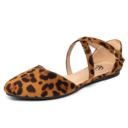 Trary Leopard Mary Jane Flats for Women, Pointed Toe Suede Ballet Flats with Double Cross Ankle Straps, Comfortable Casual Dress Shoes Size 8