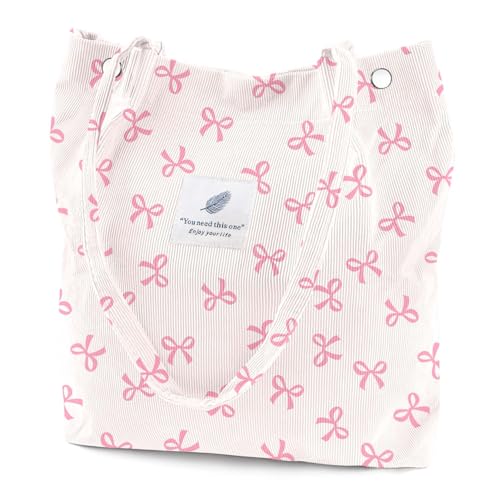 Corduroy Tote Bag for Women Canvas Shoulder Cord Purse with Inner Pocket（Pink/Bow Tie）