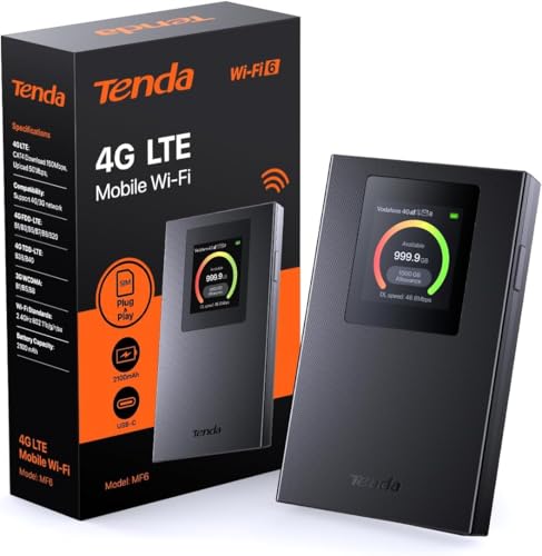 Tenda Router 4G Móvil - Módem 4g SIM (Cat4), Hotspot Portátil WiFi 6 AX300, MiFi 4G con Batería Recargable de 2100mAh, Pantalla a Color, USB-C Puerto, Plug & Play, Carga con Power Bank, Nano SIM, MF6