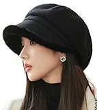 Yafirgeer Fleece Lined Beret Hats for Women Warm Painter Caps Fur-Trimmed Newsboy Cap for Fall Winter Cold Weather Black