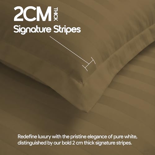 Image of LINENWALAS Cotton 300 TC Double Standard Size Pillow Cover | 2 cm Sateen Stripe Design | Cloud-Soft, Breathable & Skin-Safe | Oeko-TEX Certified Hotel-Style Bedding (20x30 inch, Set of 2, Mocha)