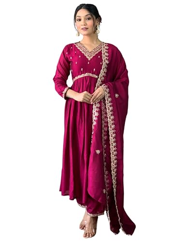 Image of Naixa Women's Vichitra Silk Embroidered Flared Kurta with Pant and Dupatta Sets (S-Sameera)