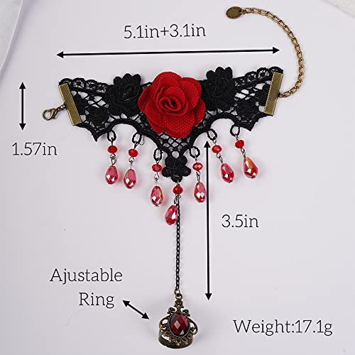 Kercisbeauty Flamenco Dance Red Rose Crystal Tassel Wristband Black Lace Bracelet for Women Gothic Vampire Hand Chain Jewelry (Style 3)4