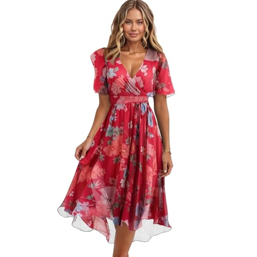 Spring Summer Chiffon Midi Dresses for Women 2025 Elegant Classy Wedding Guest Floral Formal Cocktail Prom Dress