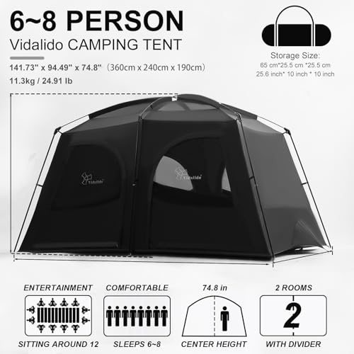 Image of Vidalido Tents,6-8 Person Camping Tent with Extended Vestibule,2 Room Weather Resistant Family Tents,Easy Install Waterproof Outdoor Tent for Backpacking and Camping Hiking