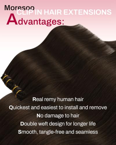 Image of Moresoo 20 inch Real Human Hair Clip in Extensions Dark Ash Brown Seamless