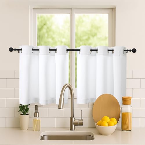 Image of Simplebrand Pure White Short Kitchen Curtains 24 Inch Length 2 Panels Set, Light Filtering Small Windows Curtain for Bathroom, Cabinet, Basement, RV Camper, Privacy Soft Short Drapes, 40 x 24 Inch