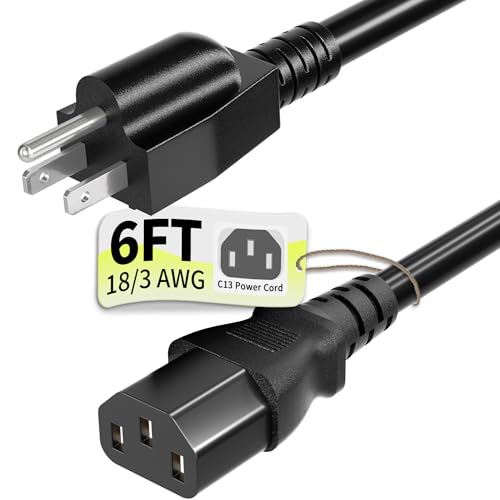 Vockjour 3 Prong AC Power Cord Cable 6ft 10 Amps 125 Volts 18AWG, NEMA 5-15P to C13, Black PC Power...