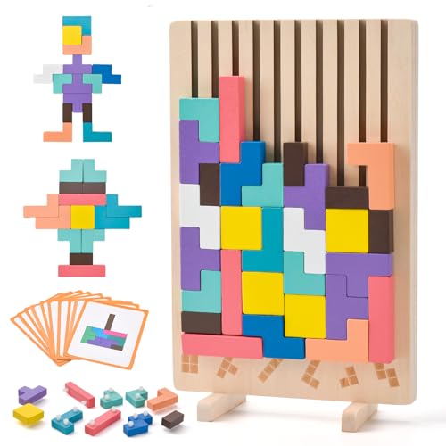 LTFIOON Tetris Holzspiel, Holz Tetris Puzzle Stapelspiel, Montessori Lernspielzeug ab 3 4 5 6 Jahre, Bunte Geometrische Blöcke, Gehirn Spielzeug Intelligenzspiel, Geschenk für Kinder Jungen Mädchen