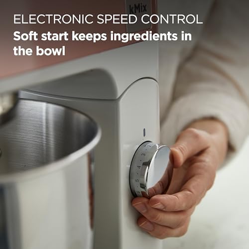 An overhead shot of the Kenwood kMix splash guard with the pouring chute attached to the top of the mixing bowl.