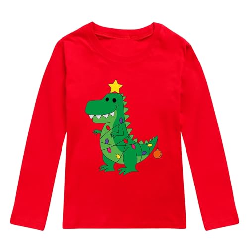 Niños Niñas Otoño Manga Larga Navidad Dibujos Animados Dinosaurios Estampados Camiseta Tops, rojo, 7-8 años