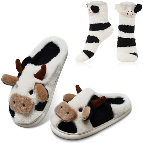 Zhanmai Fuzzy Cow Slippers Sock Gift Women Cartoon Animals Fluffy Plush Non Skid Winter Print House Shoes