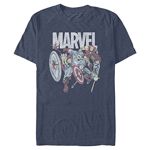 Marvel Comics Retro Comic Lineup Brick Short Sleeve Tee Shirt Navy Blue Heather Large