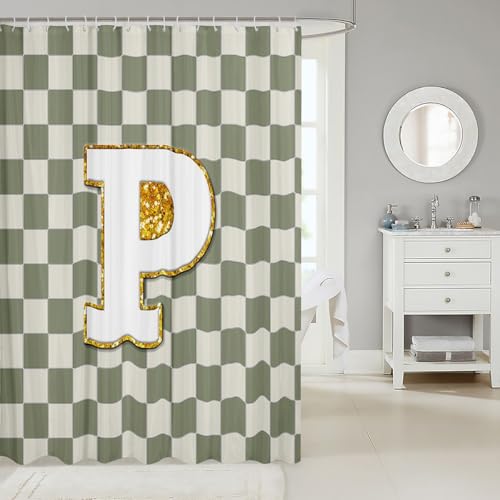 Image of Erosebridal Sage Green Checkered Bathroom Curtain Plaid Initial P Shower Curtain 72 inch Wx72 L Personalized Monogram Bathroom Accessories for Kids Adults,Fashion Grids Gingham Shower Decor