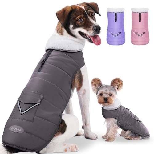 iBuddy Dog Winter Jacket for Large Dogs, Easy on Dog Snow Coat Velcro Waterproof Pet Puffer Coat with Harness Hole Adjustable Reflective Quilted Pet Cold Weather Vest Wind-Poof for Boy Male