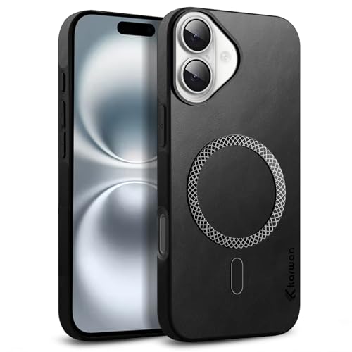Image of KARWAN Shockproof Hybrid Leather Finish Back Case Cover Compatible with iPhone 16 with Wireless MagEaze Charging Cover, Anti-Scratch Shield Case with Strong Minimalist Design (Black)