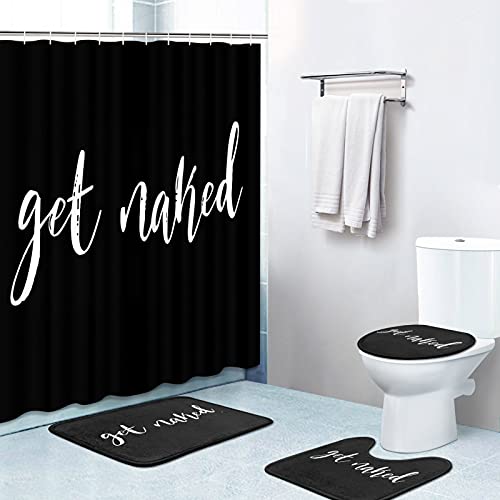 Britimes 4 Piece Shower Curtain Sets with 12 Hooks Get Naked Black with Non-Slip Rugs Toilet Lid Cover and Bath Mat for Bathroom Decor Set 72 x 72