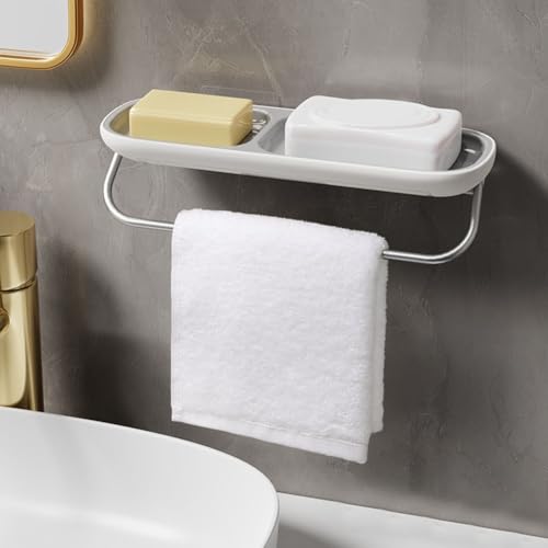 Jabonera de pared con toallero y sistema de drenaje, estante de almacenamiento para ducha sin taladro, para organización de baño y cocina, construcción de ABS y aluminio (gris nórdico (con ))