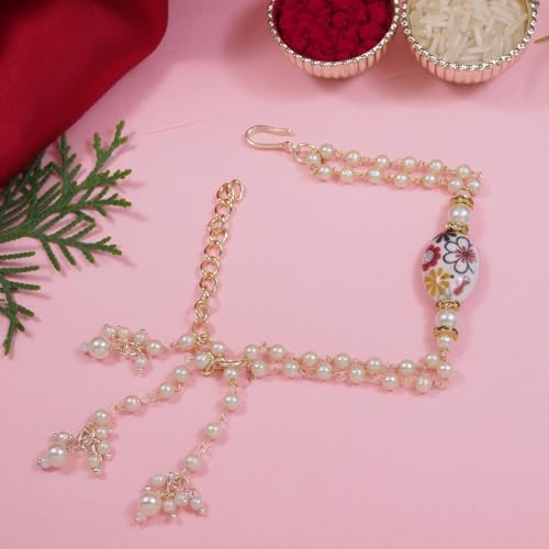 Image of I Jewels Pearl Bhaiya Bhabhi Lumba Rakhi Bracelet Combo Set With Roli Chawal & Rakshabandhan Greeting Card