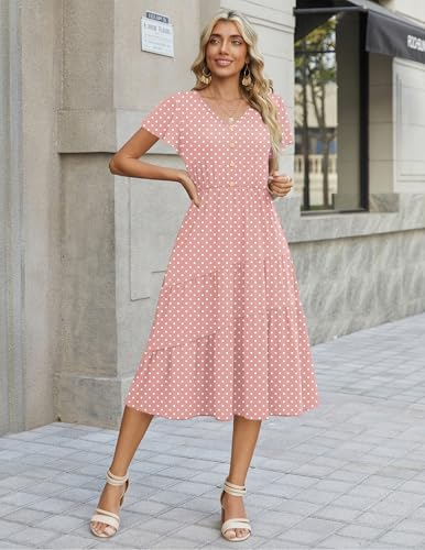 Image of Zeagoo Women's Summer Casual Dress Flutter Short Sleeve V Neck Button Down Tiered Flowy Long Dress with Pockets