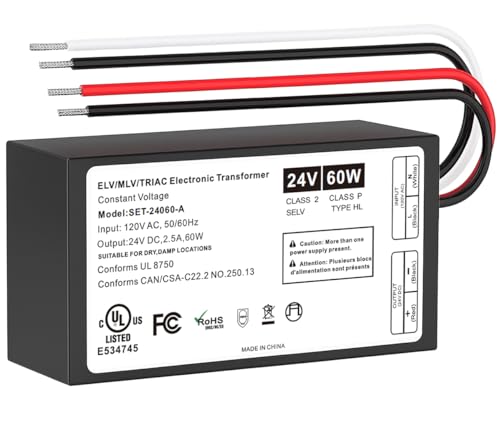 Image of 60W Dimmable LED Driver 24V, UL Lited Triac /ELV /MLV 120V AC to DC Compatible with Lutron& Leviton Dimmer, Dimmable Power Supply 24V Class2 Transformer for LED Strip Lights, Low Voltage Lighting