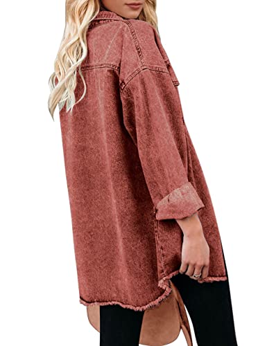 Vetinee Women's Red Jacket Women Oversized Boyfriend Burnt Ochre Front Button Up Frayed Raw Hem Long Sleeve Pockets Denim Jean Jacket Shacket Large Size 12 Size 14 #TOP1