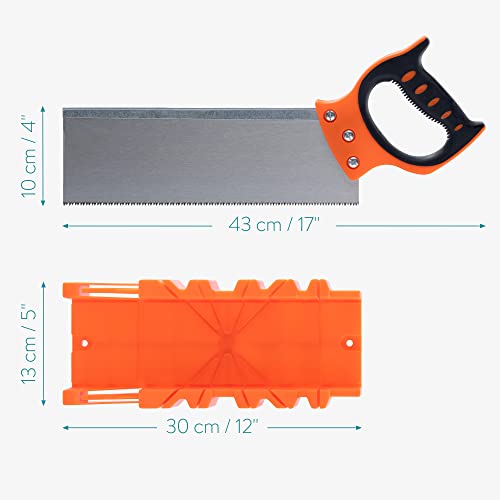 Navaris Gehrungslade und Handsäge - Set aus Kunststoff Schneidlade und Stahl Säge - Lade zum Schneiden von Holz Leisten 90° 45° 22,5°- Orange