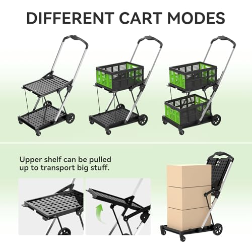 Collapsible Shopping Cart with Wheels,2 Tier Multi Use Foldable Shopping Cart with 2 Storage Crates,Folding Shopping Trolley Utility Cart for Office,Groceries, Warehouse,Supermarket,Picnic (Green) by BINZHI - Image 3